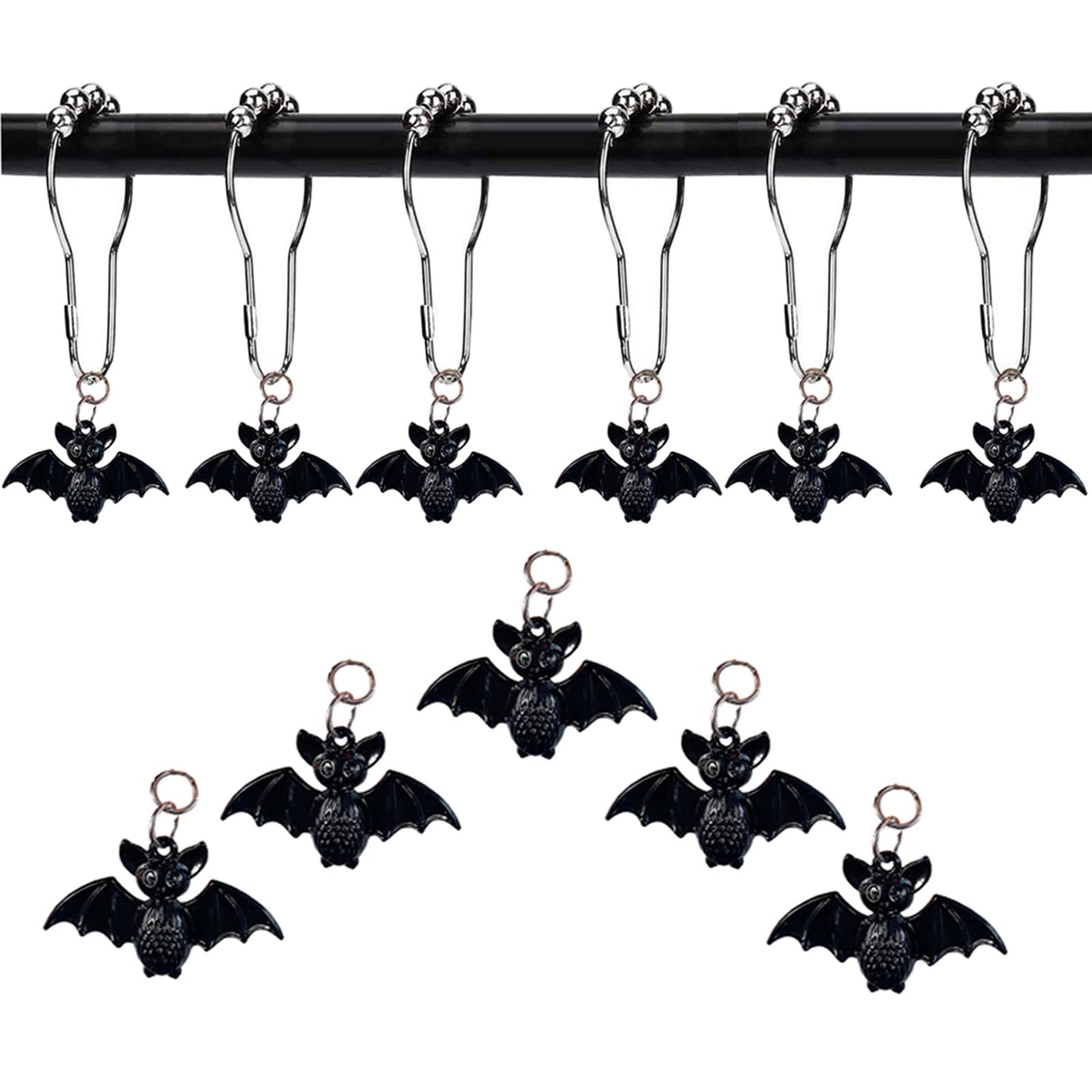 Bat Shower Curtain Hooks Rings, 12 Pcs Halloween Bats Rustproof Metal Shower Curtain Hangers for Bathroom Shower Rods, Halloween Party Theme Home Bathroom Decoration (Black)