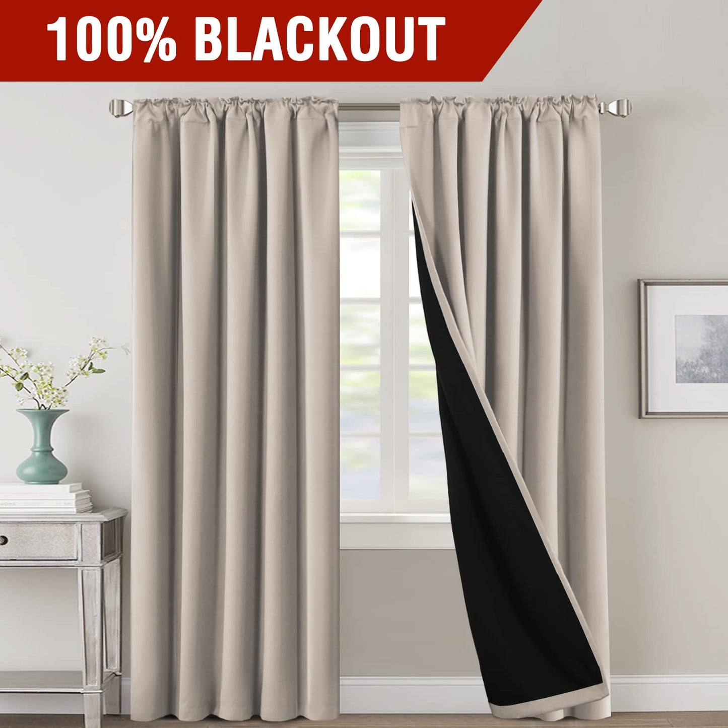 H.VERSAILTEX 100% Blackout Curtains for Bedroom with Black Liner Full Room Darkening Curtains 84 Inch Long Thermal Insulated Back Tab/Rod Pocket Window Drapes for Living Room, 2 Panels, Natural Sand