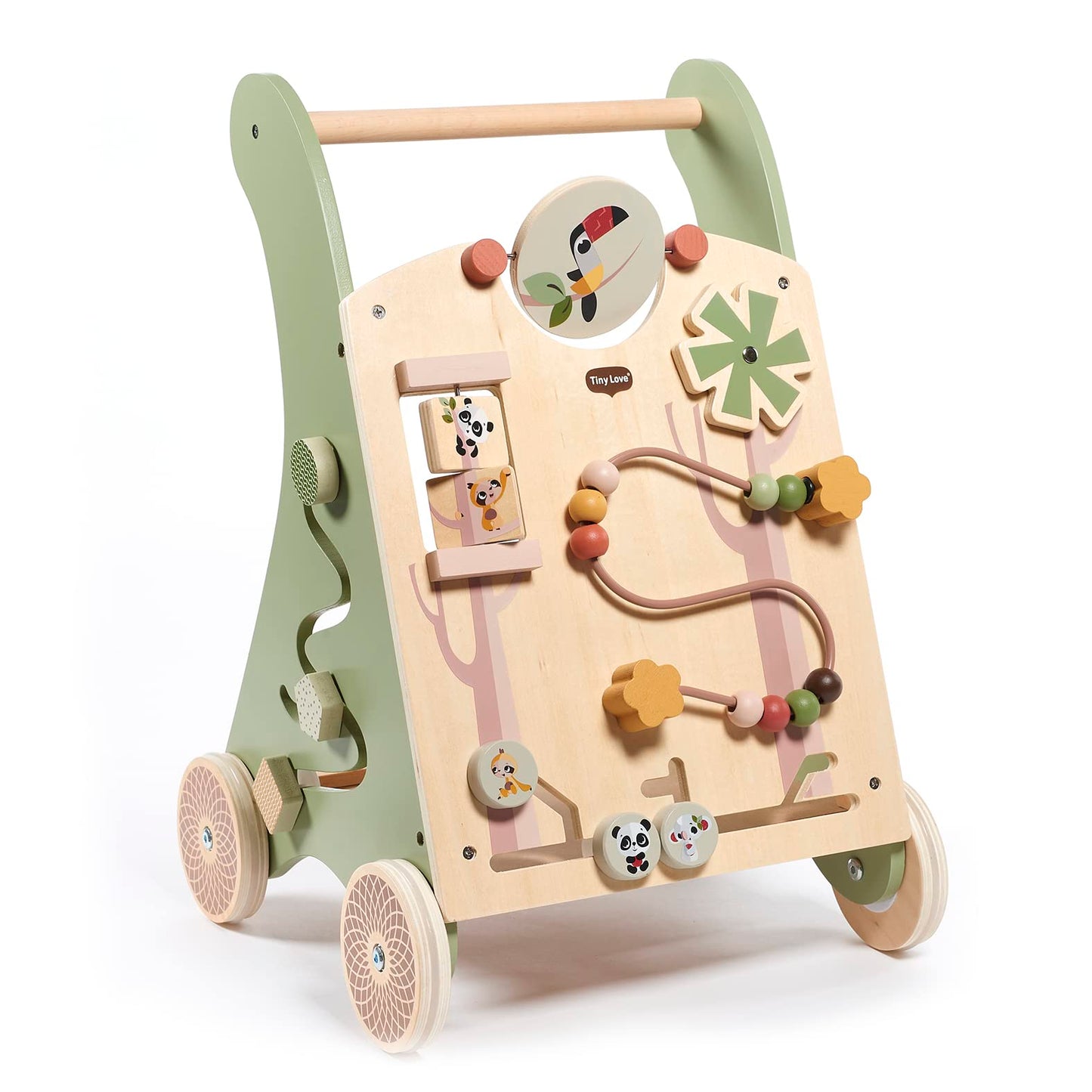 Tiny Love Wooden Baby Walker, Activity Walk Behind, 2-in-1 Activity Walker, 12 Interactive Activities, Supports Motor Skills, Cognitive Development, Comfortable Natural Design, 18+ Months, Boho Chic