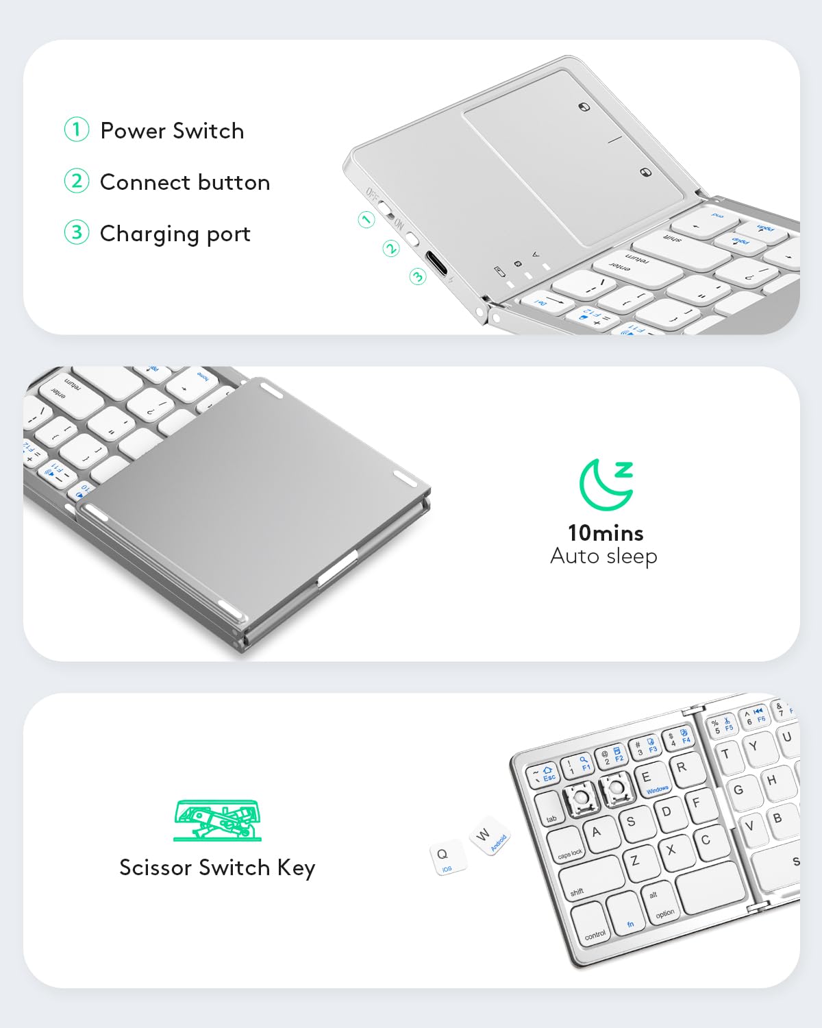 Samsers Foldable Bluetooth Keyboard with Touchpad - Portable Wireless Keyboard with Holder, Rechargeable Full Size Ultra Slim Pocket Folding Keyboards for Android Windows iOS Tablet & Laptop - Black