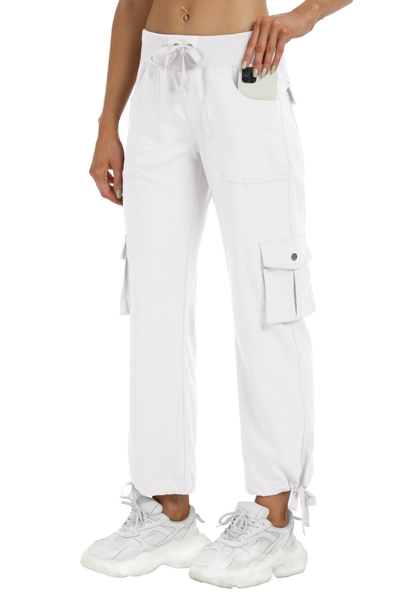 MoFiz Women's Hiking Cargo Athletic Pants Casual Travel Loose Lightweight Quick Dry Breathable Running Joggers Outdoor Button Pockets White S