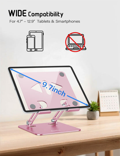 Aoviho Tablet Stand Holder for Desk, Adjustable Desktop Tablet Holder, Foldable Aluminum Tablet Mount for iPad pro 12.9, iPad Air Mini, Samsung Galaxy Tabs Z Fold Kindle Fire,4-12 inch, Rose Gold