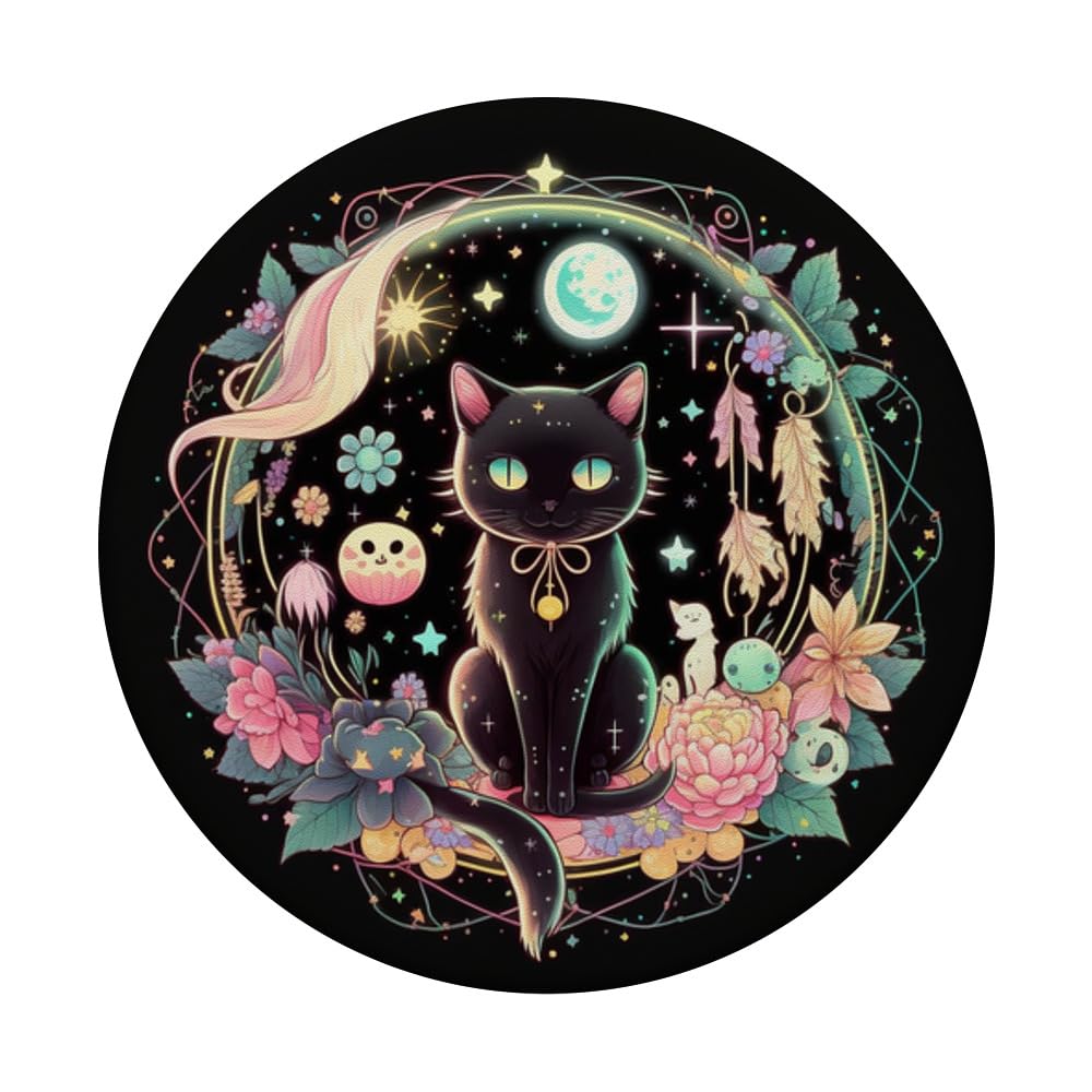Moon Phases Crystal Witchy Cute Black Cat Kawaii Pastel Goth PopSockets Adhesive PopGrip