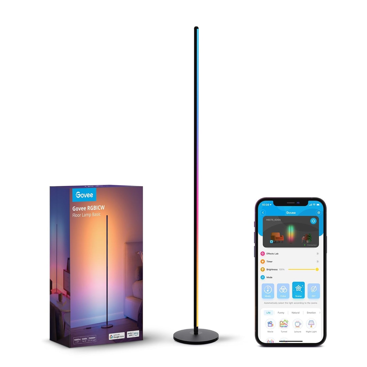 Govee LED Floor Lamp, RGBIC Modern Corner Lamp, Smart Standing Lamp with 61 Scene Modes,Music Sync, Black Corner Floor Lamp for Living Room, Bedroom