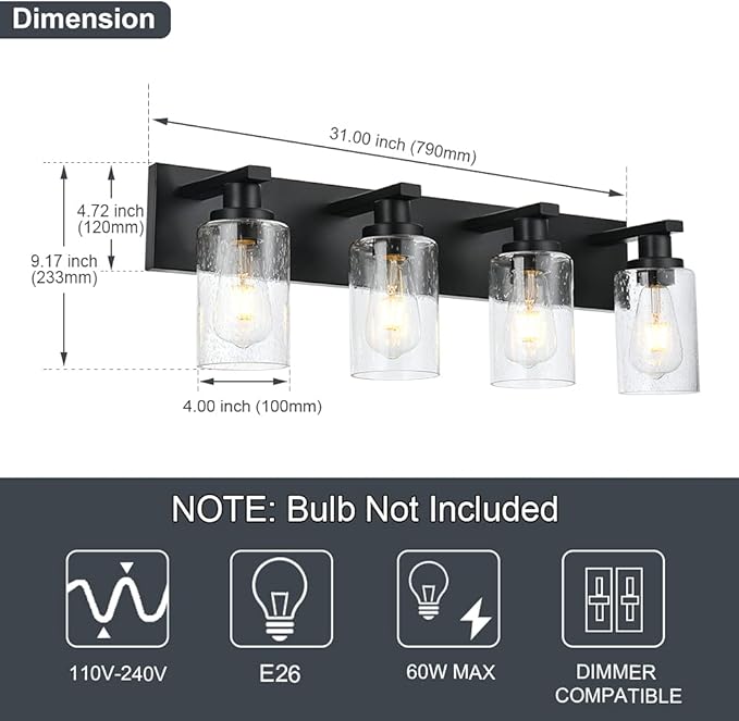 Bathroom Vanity Light Fixtures 4-Lights Seeded Glass Cylinder Shade Modern Farmhouse Wall Sconce Lighting Bath Vanity Lights Over Mirror