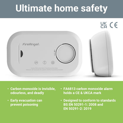 FireAngel Carbon Monoxide Alarm and Detector - FA6813 10-Year Sensor Life CO Alarm for Home with AA Batteries - Travel, Portable Carbon Monoxide Detector - CO Detector Monitor with Test Button