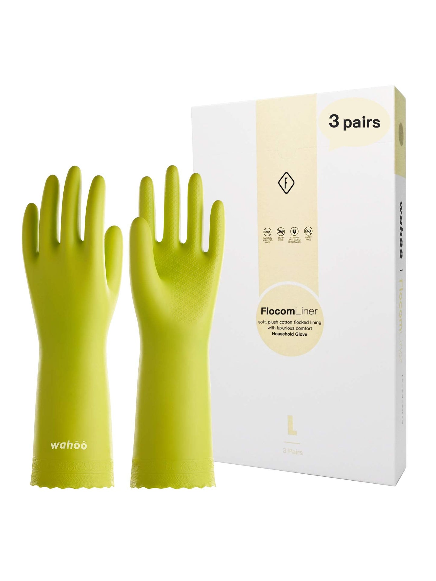 LANON 3 Pairs wahoo Skin-Friendly Dishwashing Cleaning Gloves, Reusable Kitchen Gloves, Cotton Flocked Liner, Waterproof, Non-Slip, Bud Tender, Large
