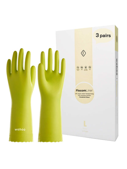 LANON 3 Pairs wahoo Skin-Friendly Dishwashing Cleaning Gloves, Reusable Kitchen Gloves, Cotton Flocked Liner, Waterproof, Non-Slip, Bud Tender, Large