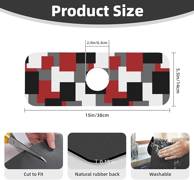 Grey Black White Plaid Square Red 15" X 5.5" Kitchen Sink Splash Guard Faucet