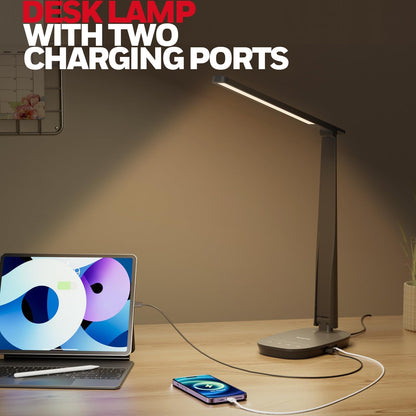 Honeywell LED Desk Lamp Eye Caring - Sunturalux H2 Table Lamp with USB Charging Port, 4 Colour Modes Stepless Dimmable, Auto Timer,Touch Control Foldable Desk Light for Home Office Bedroom Black