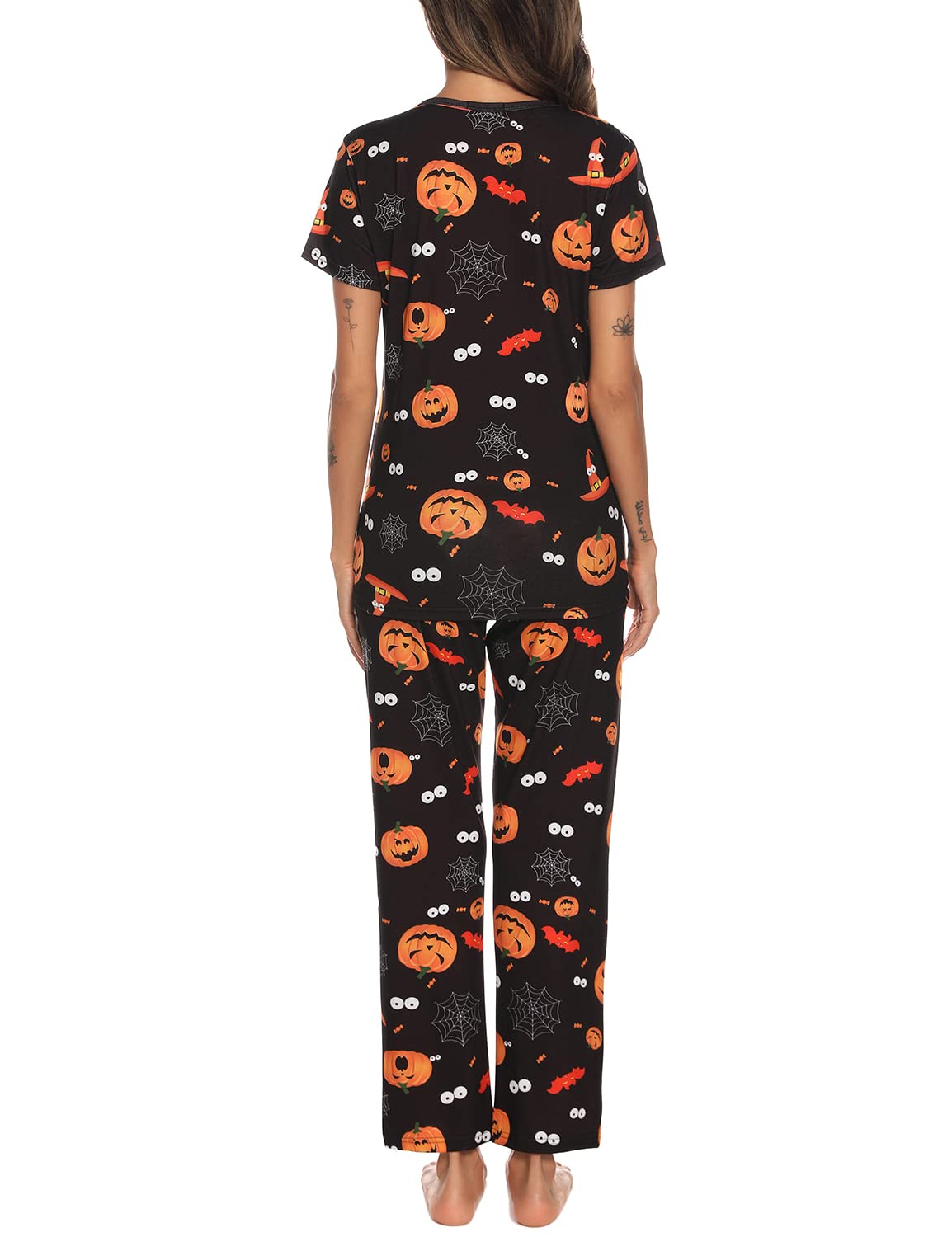 EISHOPEER Women's Halloween Pajama Set Printed Short Sleeve Top & Long Pants Sleepwear Pjs Sets Black XS
