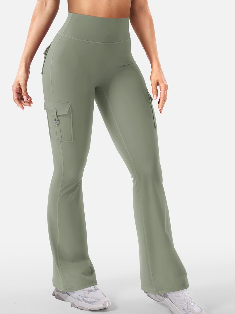 YEOREO CoreFlex Women Workout Flare Leggings with Pockets Hidden Scrunch High Waisted Cargo Gym Yoga No Front Seam Leggings Light Army Green S