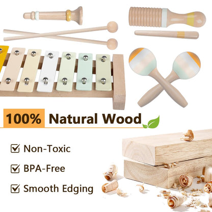 Baby Musical Instruments-Montessori Wooden Toys for Toddlers 1-3,Neutral Colors Percussion Instruments Set with Modern Boho Xylophone for Kids Preschool Educational 3+