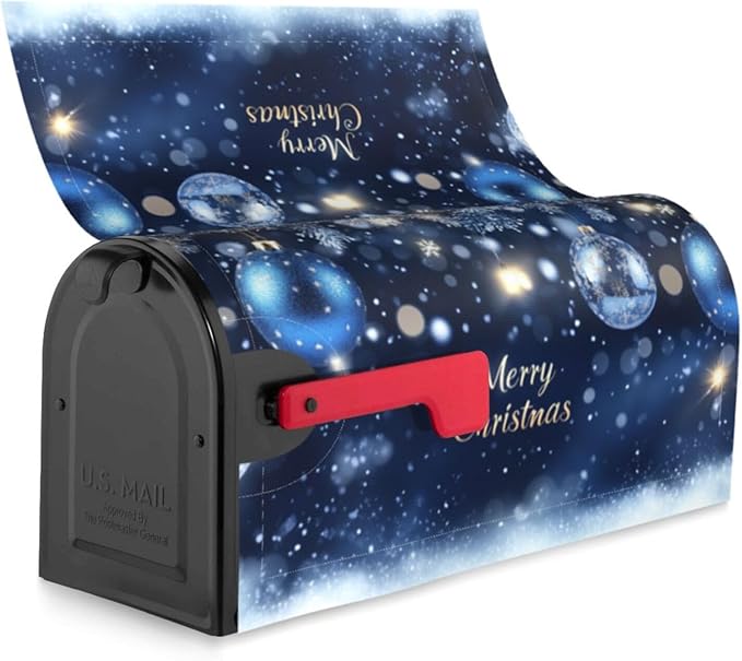 Festive Magnetic Mailbox Cover Christmas Blue Ball Pattern Outdoor Mailbox Protector Holiday Seasonal Decorative Garden Yard Home Standard Size 21 x 18 Inch