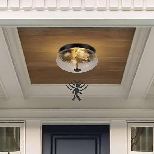 Motion Sensor Outdoor Ceiling Light, Black Modern Design Ceiling Light Fixture with Ripple Glass for Porch, Garage, Patio, Hallway, Entryway, Energy Efficient (2 Blub Needed)