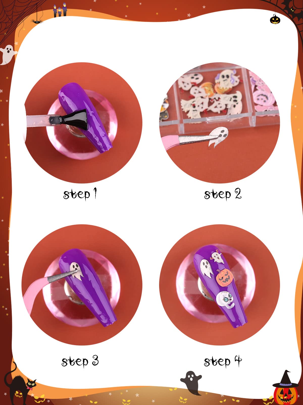 Kalolary Halloween Nail Art Sequins, 3D Skull Spider Pumpkin Bat Ghost Witch Stickers for Acrylic Nails, Halloween Wood Pulp Glitter Flakes for Nail Art Decorations