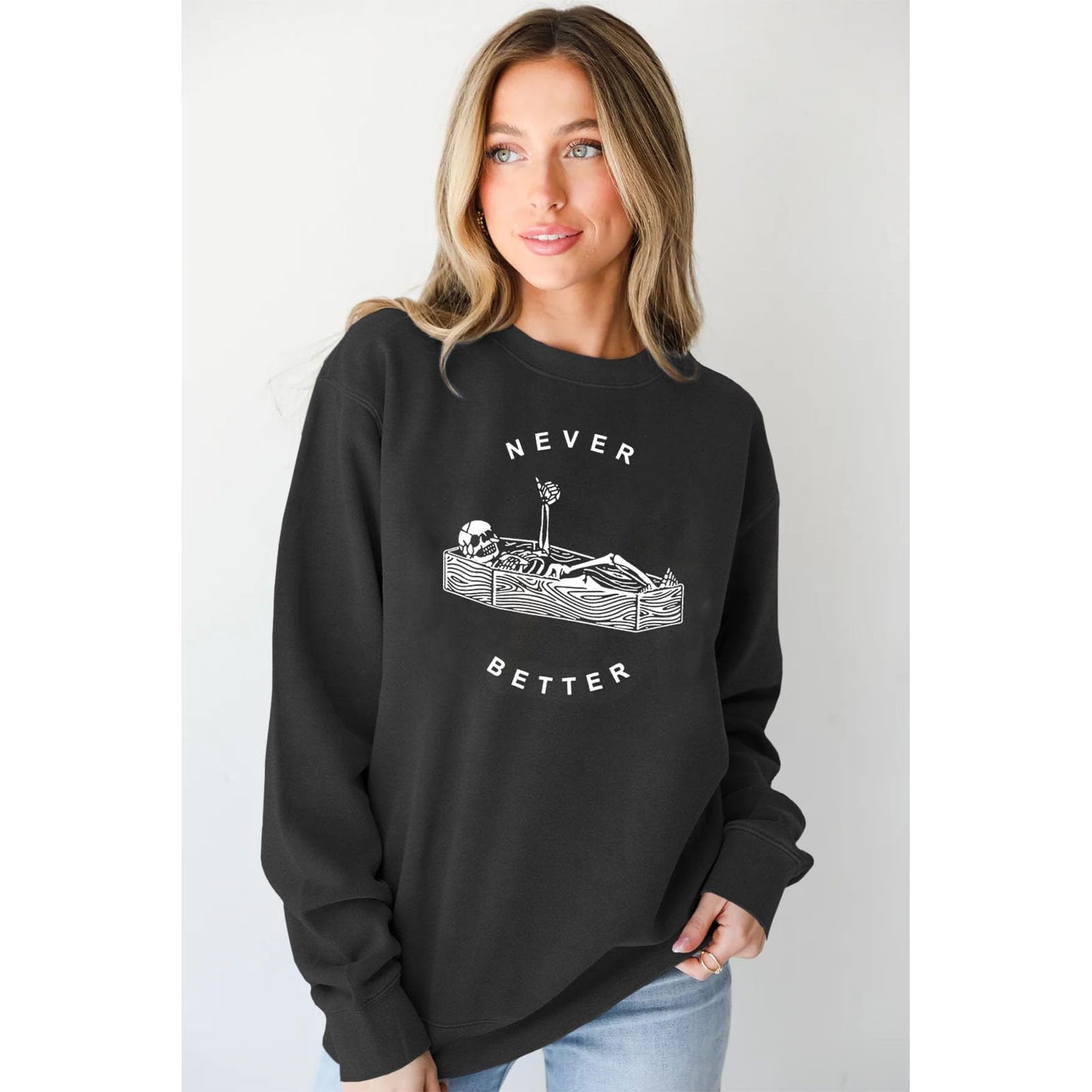 BOUTIKOME Never Better Skeleton Sweatshirt Women's Halloween Shirt Horror Skull Fall Long Sleeve Sarcastic Pullover Tops(Black,M)