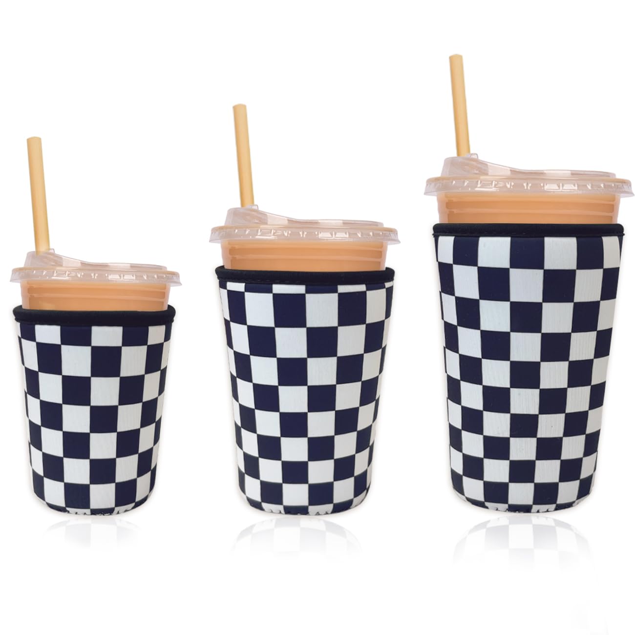 Reusable Insulated Neoprene Iced Coffee Cup Sleeve, Durable Drink Sleeve for Cold Beverages, Beverage Holder for Iced Coffee, Checker Grid