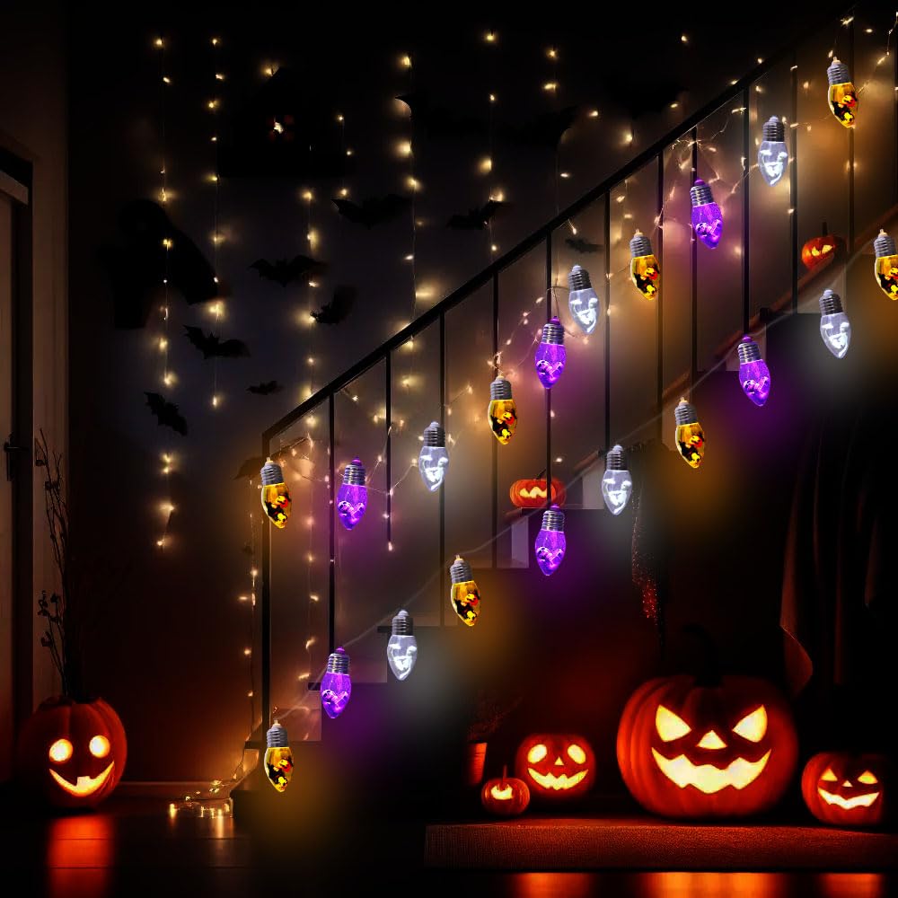 Halloween Bulb String Lights Decorations, Battery Operated Powerd 8.2 FT 12 LED Orange Purple White Skeleton Pumpkin Tombstone Spooky Cute Timer 8 Lighting Modes Twinkle Indoor Outdoor Window Decor