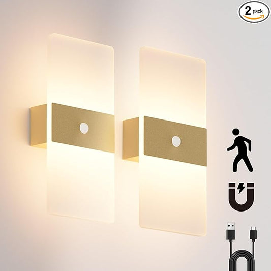 2 Pack Motion Sensor Gold Wall Lights, Morden Cordless Battery Operated LED Wall Lantern, Warm Light Wireless Decorative Gold Wall Sconces for Bedroom Living Room Hallway Garden Garage