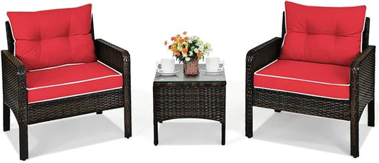 HAPPYGRILL 3 Pieces Patio Furniture Set Outdoor Rattan Wicker Coffee Table & Chairs Set with Seat Cushions Patio Conversation Set for Garden Balcony Backyard Poolside