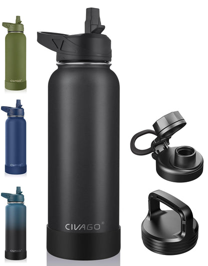 CIVAGO 40 oz Insulated Water Bottle With Straw, Stainless Steel Sports Water Cup Flask with 3 Lids (Straw, Spout and Handle Lid), Double Walled Travel Thermal Canteen Mug, Midnight Black