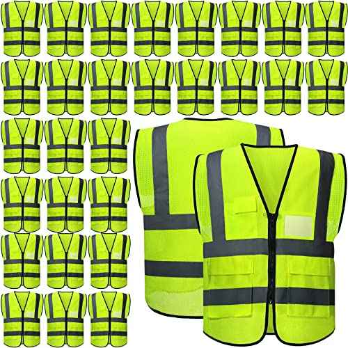 JaGely 12 Pack Reflective Safety Vests with Pockets, High Visibility Mesh Construction Vest for Men Women, Neon Yellow, Size L