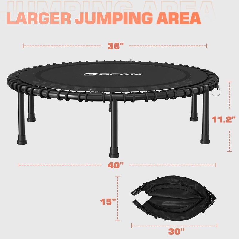 BCAN 450/550LBS Rebounder Trampoline for Adults, 40"/48" Foldable Mini Trampoline with Durable Bungees, Quiet & Stable Exercise Rebounder Trampoline for Indoor/Garden Workout- 40IN-Black