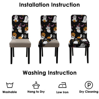 qwpmvhsak Halloween Chair Covers Set of 4, Cute Pumpkin Ghost Dining Chair Protectors, Black Elastic Removable Washable Dining Chair Covers, Suitable for Halloween Kitchen Restaurant Holiday Decor