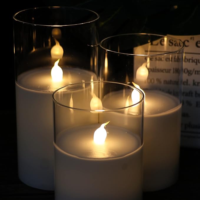 GenSwin Clear Glass Battery Operated Flameless Led Candles with 10-Key Remote and Timer, Real Wax Candles Warm White Flickering Light for Home Decoration(Set of 3)