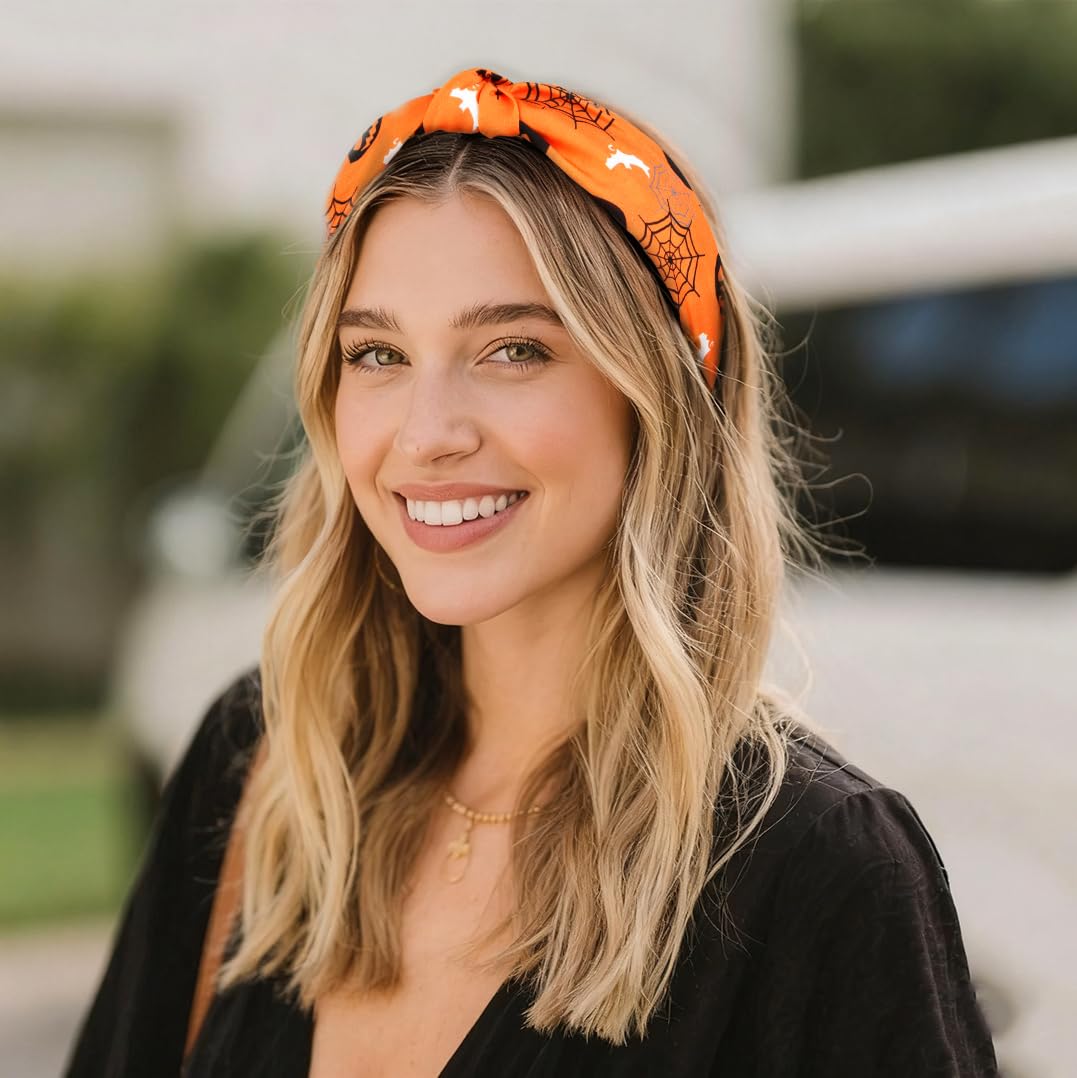 Huachi Halloween Headbands for Women Girls, Boo Pumpkin Skeleton Candy Knotted Headband 4PCS, Halloween Hair Accessories Gifts