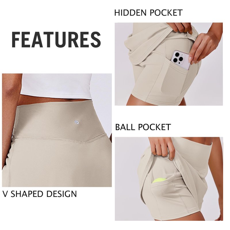 PINSPARK Tennis Skirts for Women Tummy Control Golf Skorts A Line Athletic Skirts with Shorts 2 Pockets, Bone White XXL