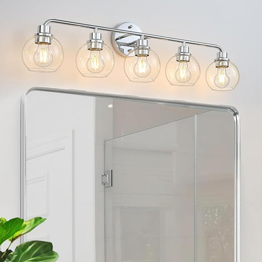 Bathroom Light Fixtures Chrome Vanity Light Silver 5 Light Modern Wall Sconces Lighting Bathroom Lights with Globe Glass Shades Bath Wall Lights for Mirror Kitchen Living Room Hallway 34.5"