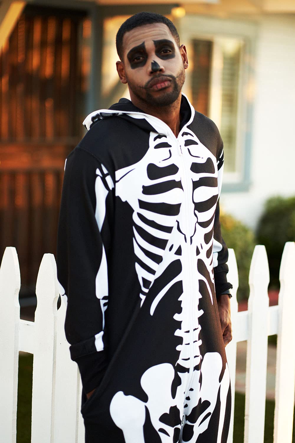 Tipsy Elves Halloween Skeleton Costume for Men - Comfy Adult Skeleton Jumpsuit with Hood - Men's White Bones Jumpsuit Halloween Costume with Full Zip Hood Size Large