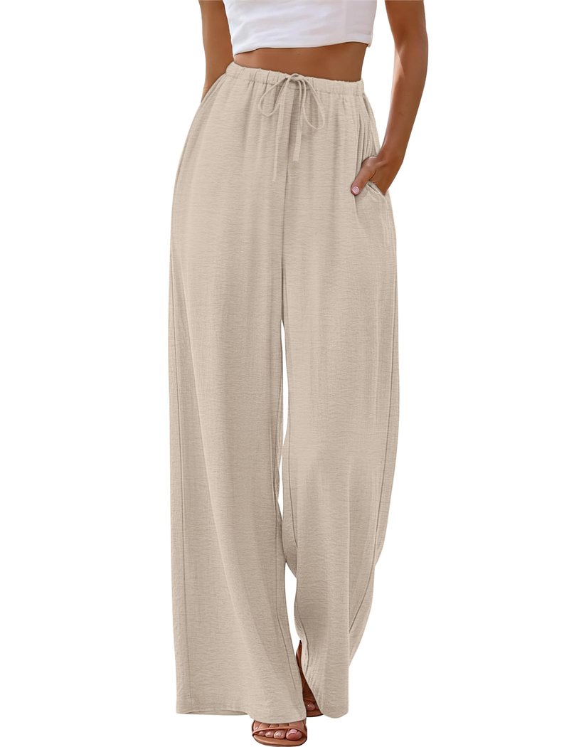 Sampeel Linen Pants Women Wide Leg Palazzo Pants Flowy Beach Vacation Clothes Spring Casual Summer Outfits Vacation Cruise 2026 Fashion Clothing Boho Luxury Airport Outfits Trouser Khaki M