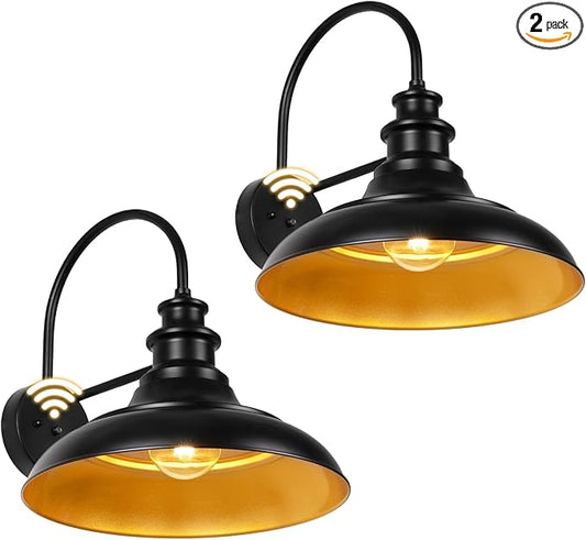 Dusk to Dawn Sensor Outdoor Barn Light Fixtures, 16 Inch Dome Farmhouse Outdoor Wall Sconces, Rustic Gooseneck Exterior Wall Mount Lights, Industrial Black Gold Wall Lanterns for Porch, 2 Pack
