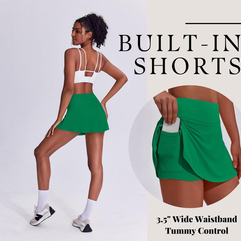 PINSPARK Skorts Pleated Tennis Skirt Women Athletic Skorts Tummy Control Golf Skirts with Pocket Y2K Summer Workout Outfits,Green Medium
