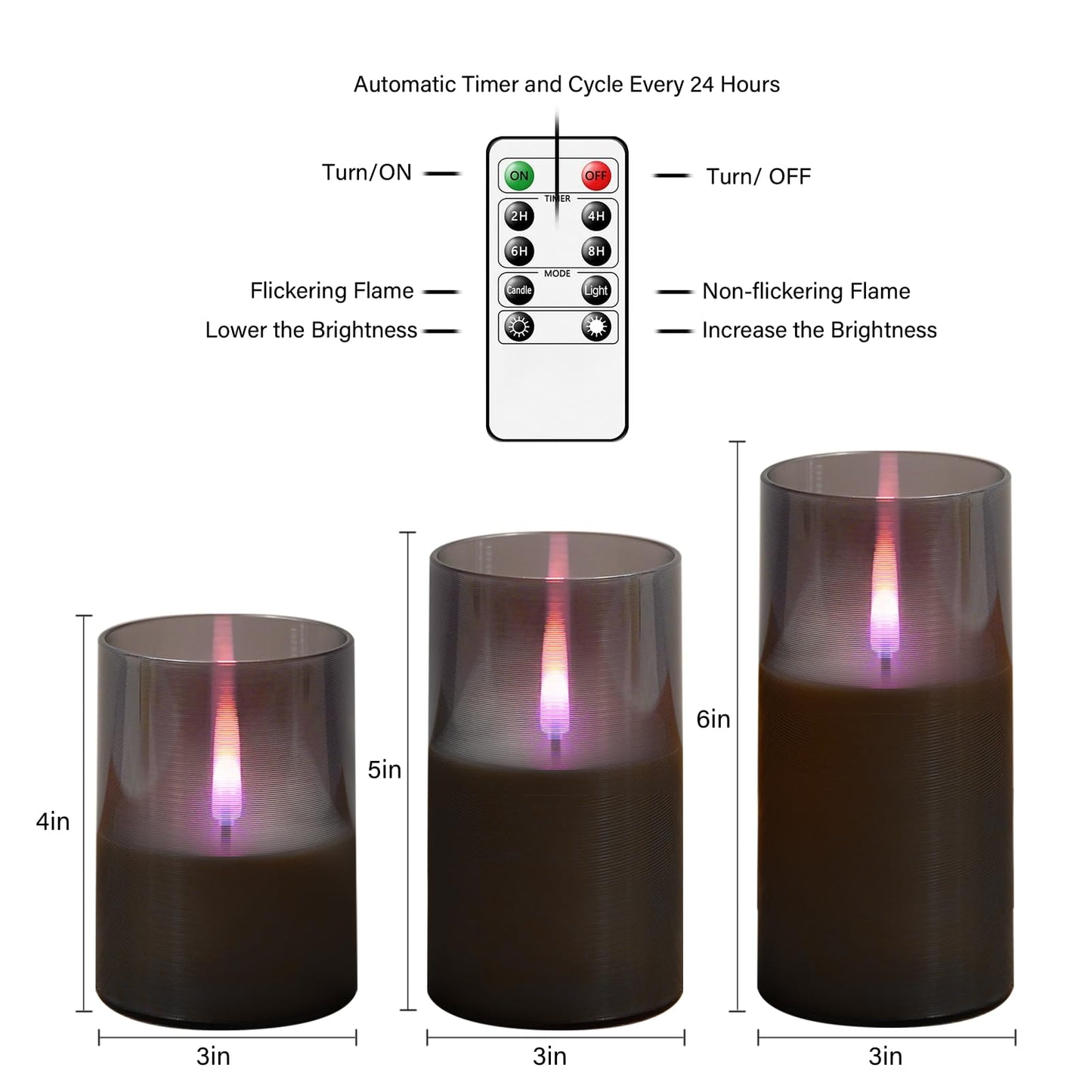 kakoya Flameless Candles Upgraded Realistic Flickering Flame,Battery Operated LED Candles with Remote Timers,Acrylic Electric Candles Set of 3(D 3" xH 4" 5" 6")（Grey）