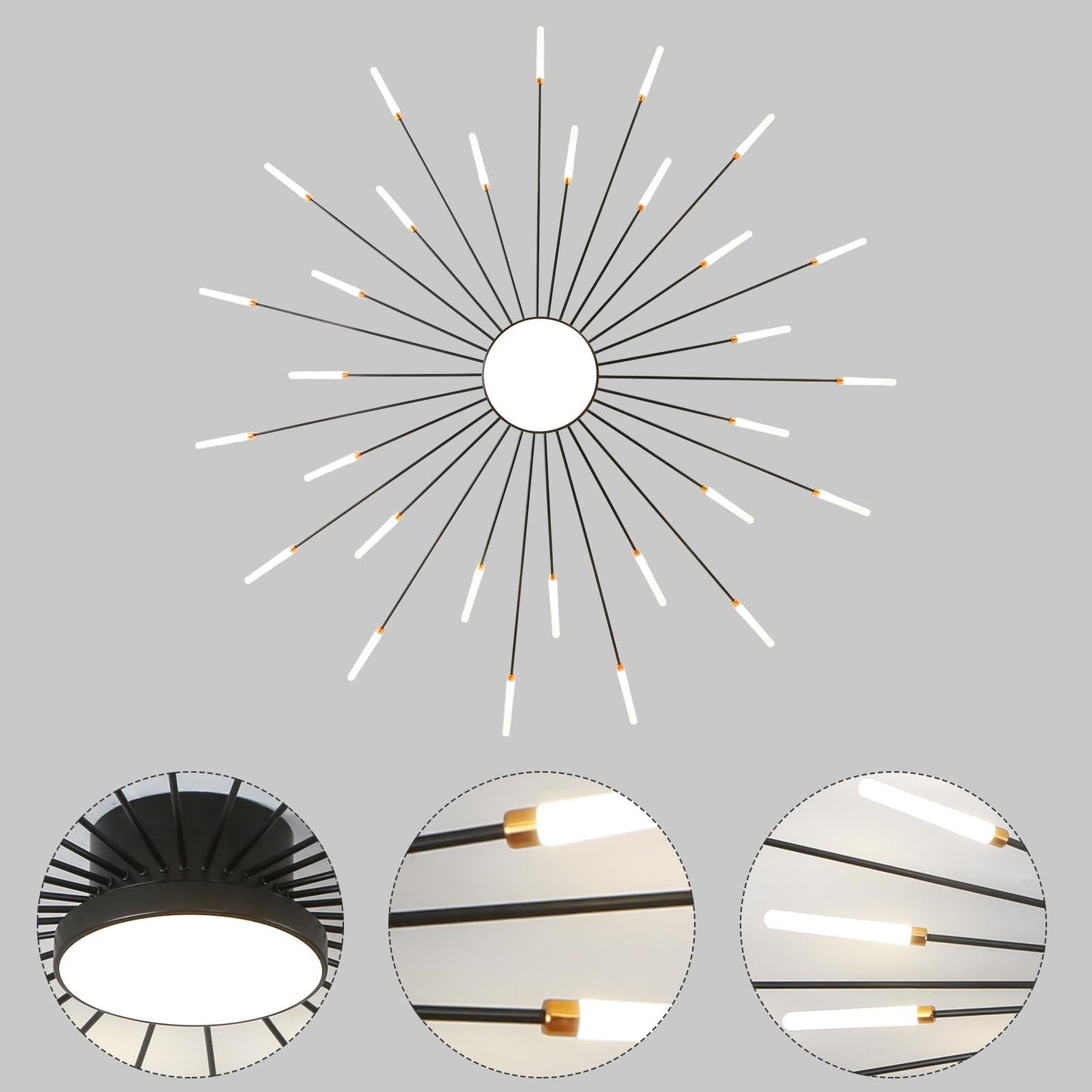 JAYMP Ceiling Light Modern Flower Shape Ceiling Lamp for Living Room Dining Room Flush Mount Metal Acrylic Sputnik Firework Petal LED Lighting Fixture (Matte Black, 30+1 Lights)