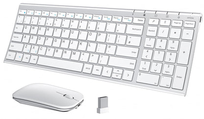 seenda WGJP-031B Wireless Keyboard Mouse Set, Ultra Thin Compact Rechargeable Aluminum Silent Computer Keyboard & Mouse Combo UK QWERTY Layout for Office, Home, Business, Silver White