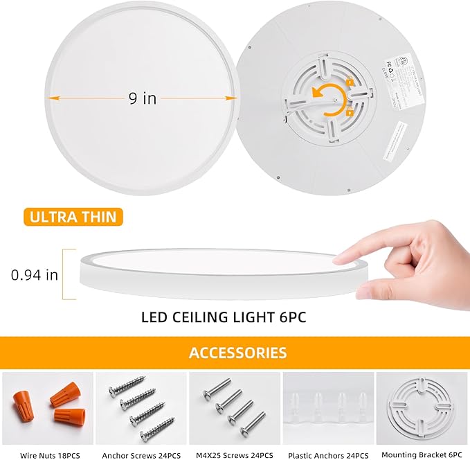Hlite 6pack 9 Inch Flush Mount LED Ceiling Light Fixture,18W 1800LM Super Slim Light Fixtures Ceiling Mount 3000K/4000K/5000K 3CCT Selectable,Ceiling Light Fixtures for Kitchen,Bedroom (White)