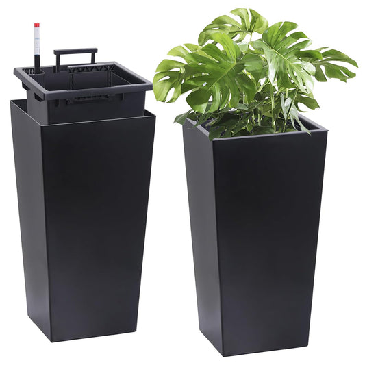 Ningering 22'' Tall Outdoor Planters Set of 2, Front Porch Planters with Drainage Holes ＆ Water Level Monitor ＆ Inner Bucket, Large Black Planter for Outdoor Indoor Plant