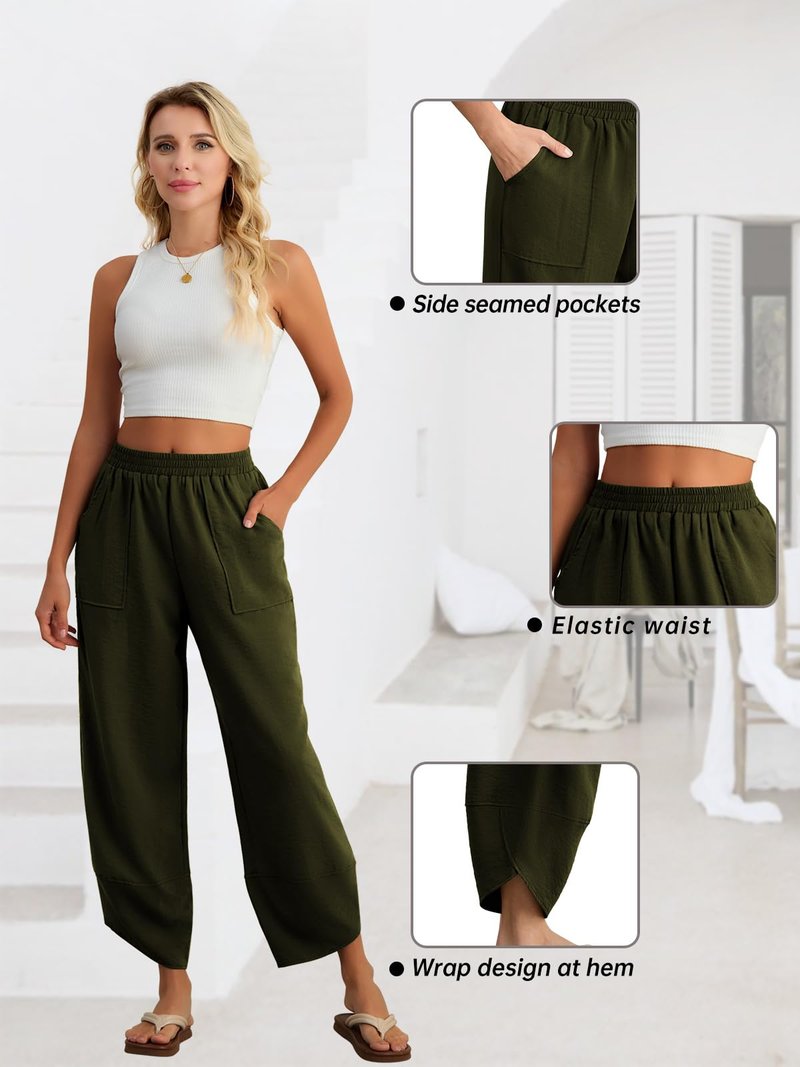 Feiersi Womens Baggy Wide Leg Pants Elastic Waisted Casual Palazzo Harem Pants Summer Beach Trousers(Army Green,Large)