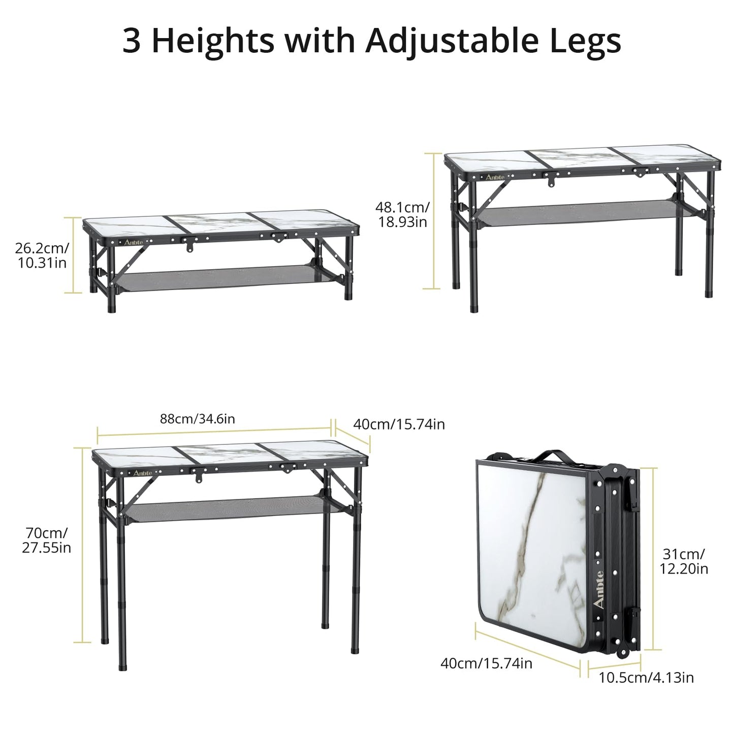 Anbte Folding Camping Table, Aluminum Small Folding Table 3 Adjustable Height Max 27.5", Portable Table with Carry Handle, Lightweight, for Outdoor Indoor Travel Camping Picnic BBQ, 34.6" x 15.7"