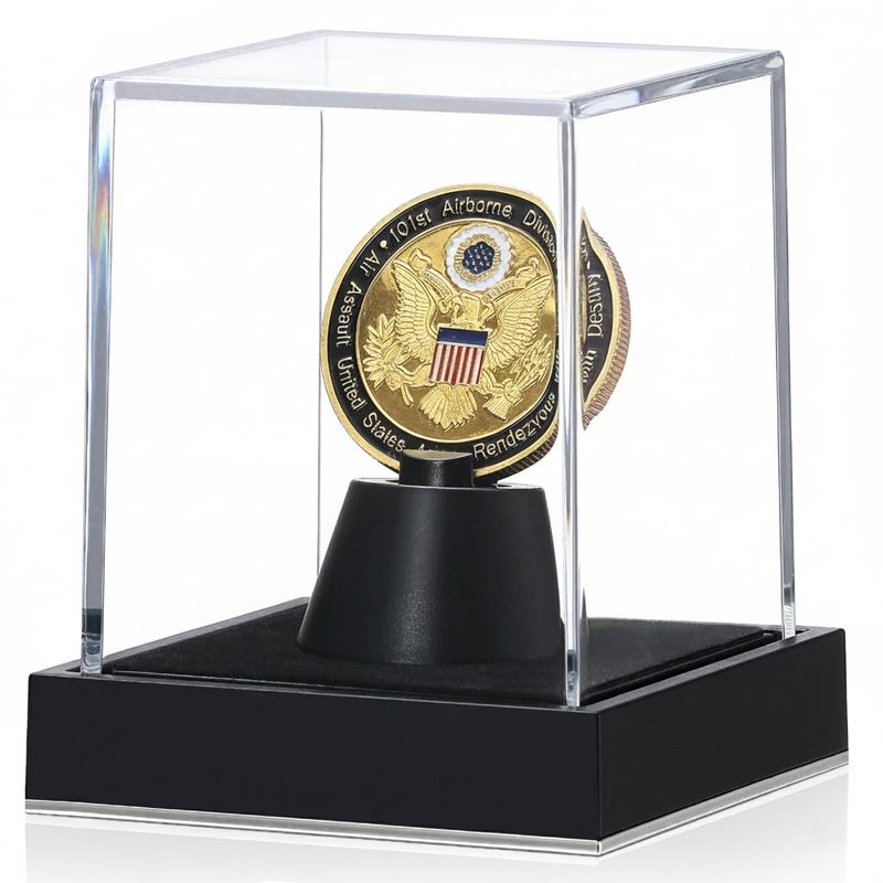 JupDec Coin Display Case, Clear Acrylic Single Coin Holder with Durable Base, Dustproof Cube Showcase with Black Velvet Interior, Ideal Gift for Challenge Coin Fans & Collectors