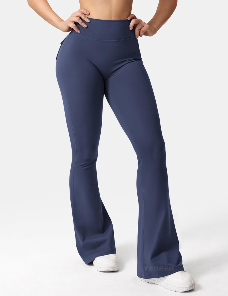 YEOREO CoreFlex Flare Leggings with Pockets for Women Scrunch Workout Leggings Butt Lifting Gym Yoga Pants Navy Blue