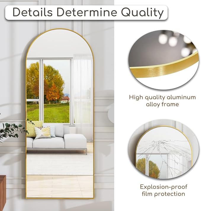 Arched Full Length Mirror, 64"x21" Free Standing Floor Mirror, Modern Full Body Mirrors with Stand, Wall Mirrors with Aluminum Alloy Frame for Bedroom,Living Room, Gold