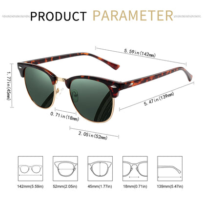 KANASTAL Dark Green Sunglasses Mens Polarised Womens Half Framed Horn Rimmed Sun Glasses Square Female Retro Semi Rimless Browline - Tortoiseshell Green Lens