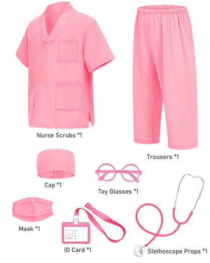 ICECUTE Doctor Scrubs for Kids,7 Pcs Scrubs Costume with Accessories,Halloween Costume for Boy Girls,3-11 Years (Pink, 10-11Years)
