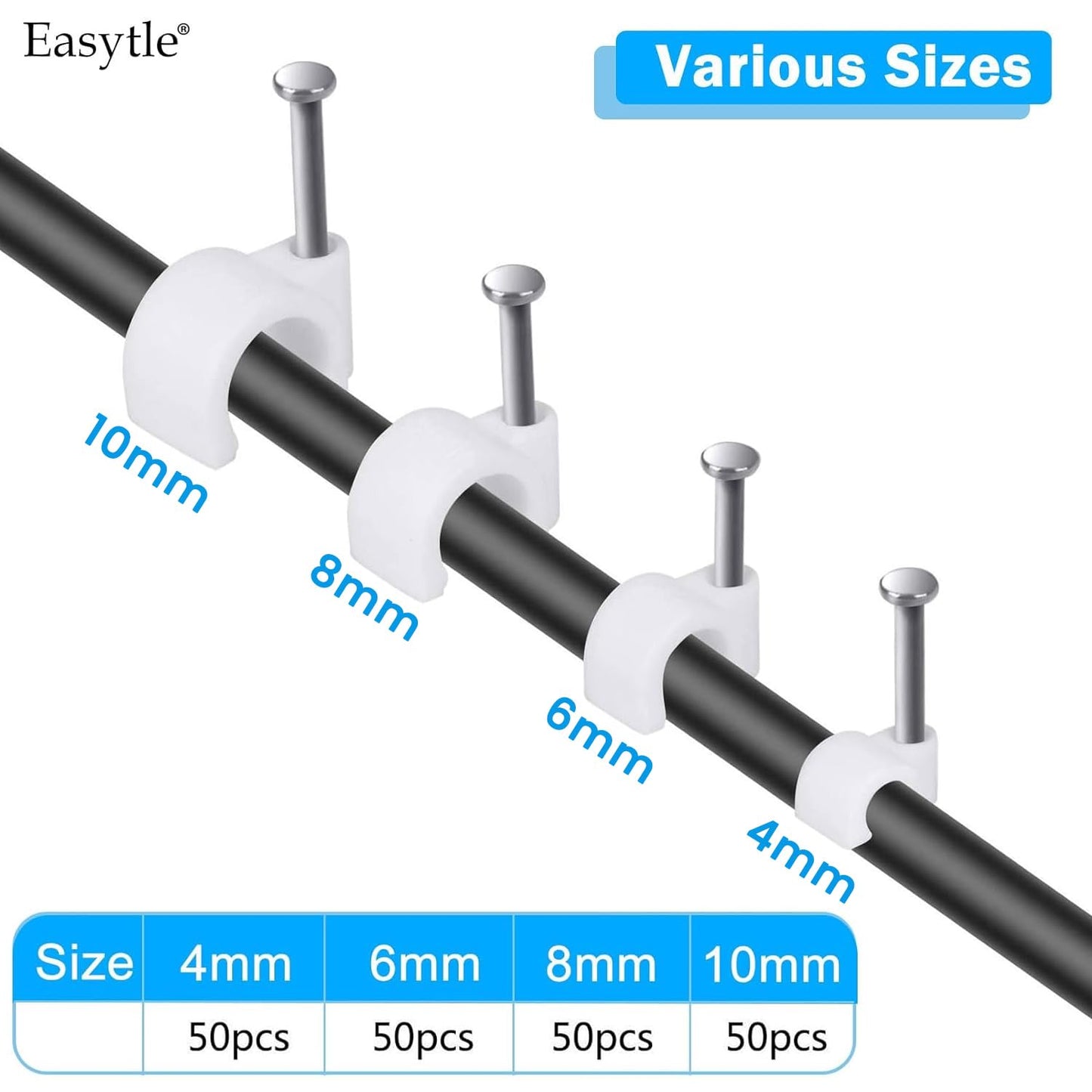 Cable Wire Clips 4mm 6mm 8mm 10mm (Pack of 200) Cable Management RG6 RG59 CAT5 CAT6 RJ45 Electrical Ethernet Dish TV Speaker Wire Cord Tie Holder Single Coaxial Nail Clamps